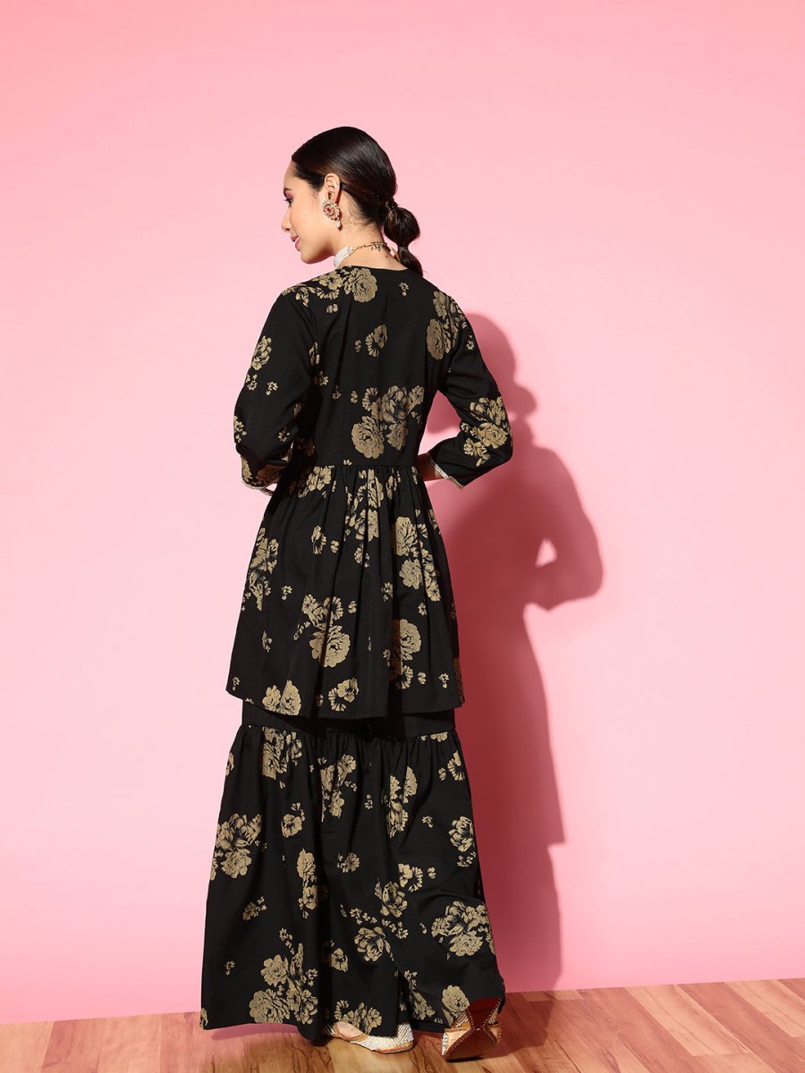 Ahalyaa Women Floral Printed Empire Gotta Patti Kurta with Sharara | Swadesiicart