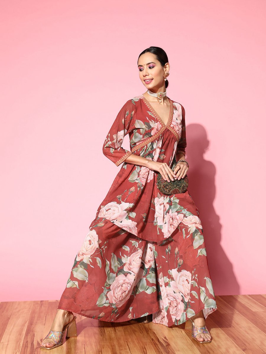 Ahalyaa Women Red Floral Printed Empire Thread Work Kurti With Sharara | Swadesiicart