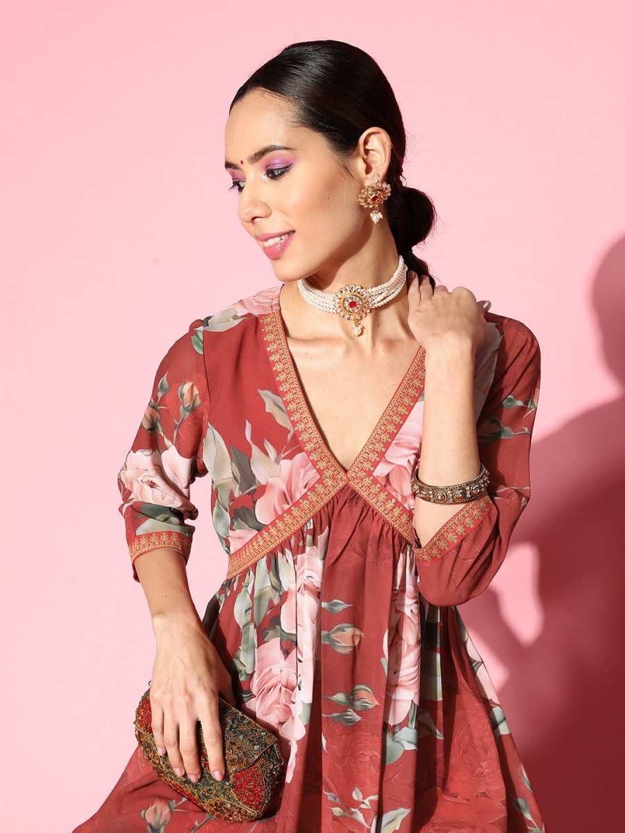 Ahalyaa Women Red Floral Printed Empire Thread Work Kurti With Sharara | Swadesiicart