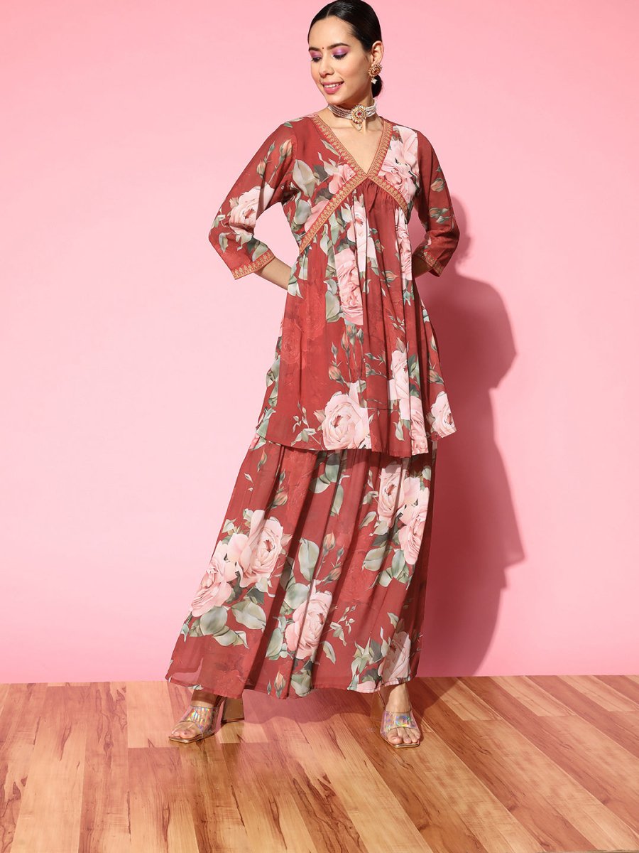 Ahalyaa Women Red Floral Printed Empire Thread Work Kurti With Sharara | Swadesiicart
