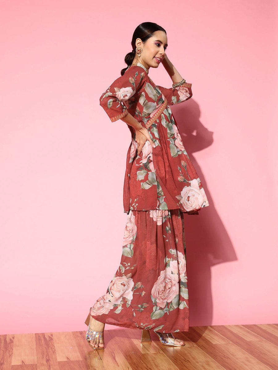 Ahalyaa Women Red Floral Printed Empire Thread Work Kurti With Sharara | Swadesiicart