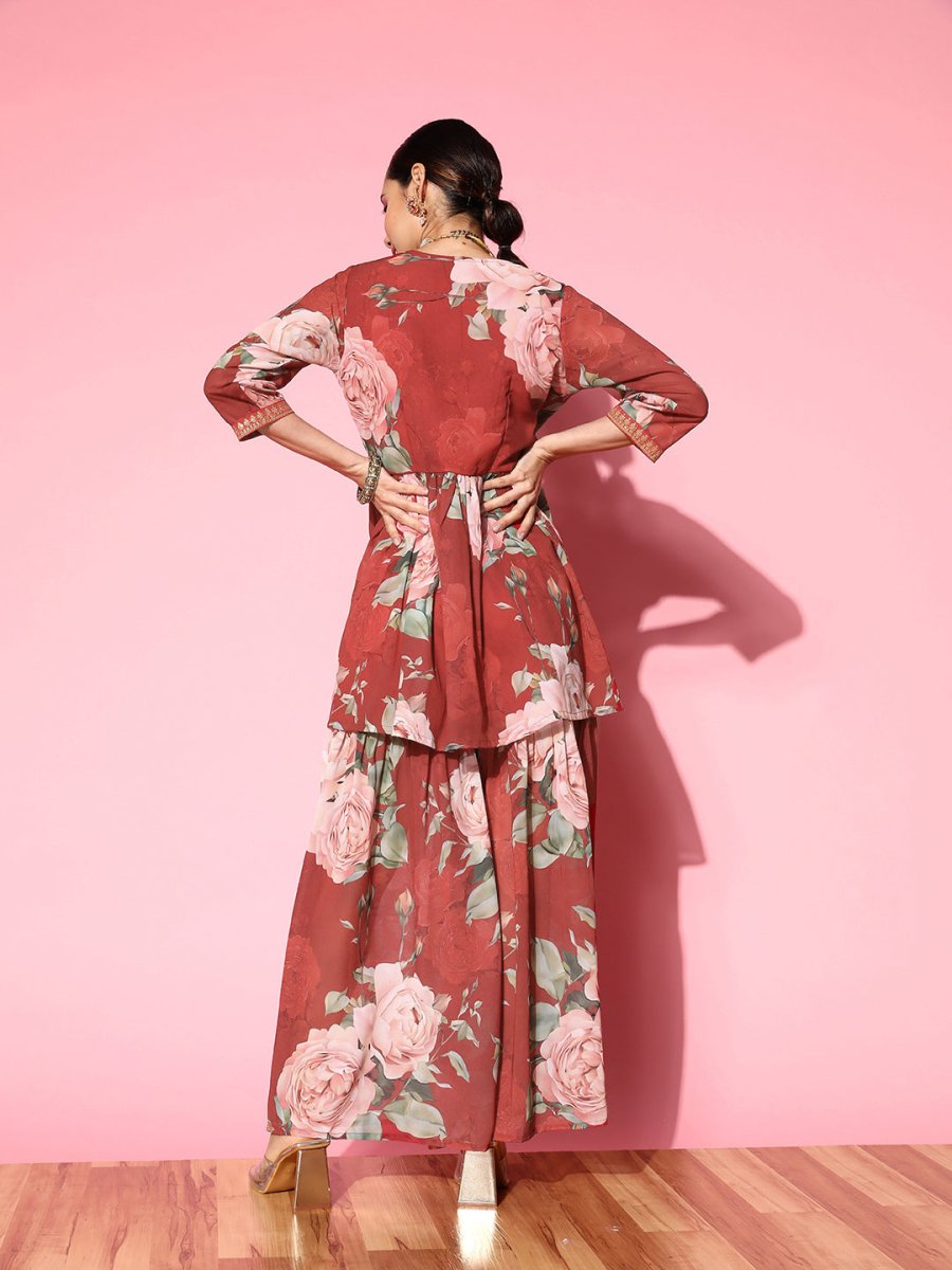 Ahalyaa Women Red Floral Printed Empire Thread Work Kurti With Sharara | Swadesiicart