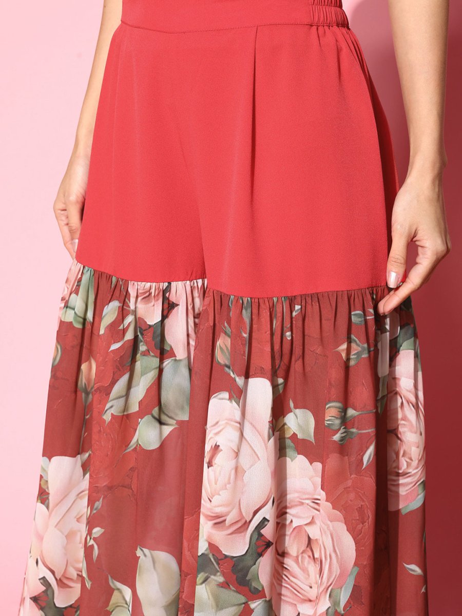 Ahalyaa Women Red Floral Printed Empire Thread Work Kurti With Sharara | Swadesiicart