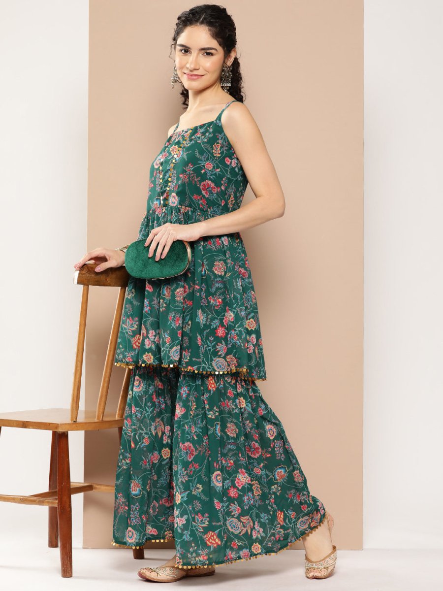 Ahalyaa Women Floral Printed Pleated Sequinned Top with Sharara | Swadesiicart