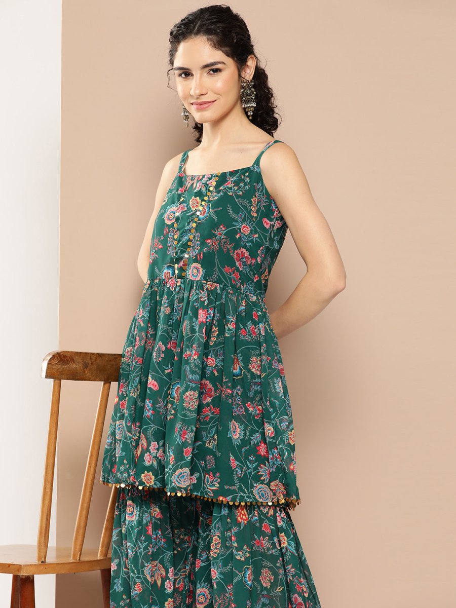 Ahalyaa Women Floral Printed Pleated Sequinned Top with Sharara | Swadesiicart