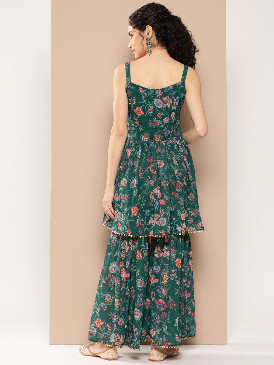 Ahalyaa Women Floral Printed Pleated Sequinned Top with Sharara | Swadesiicart