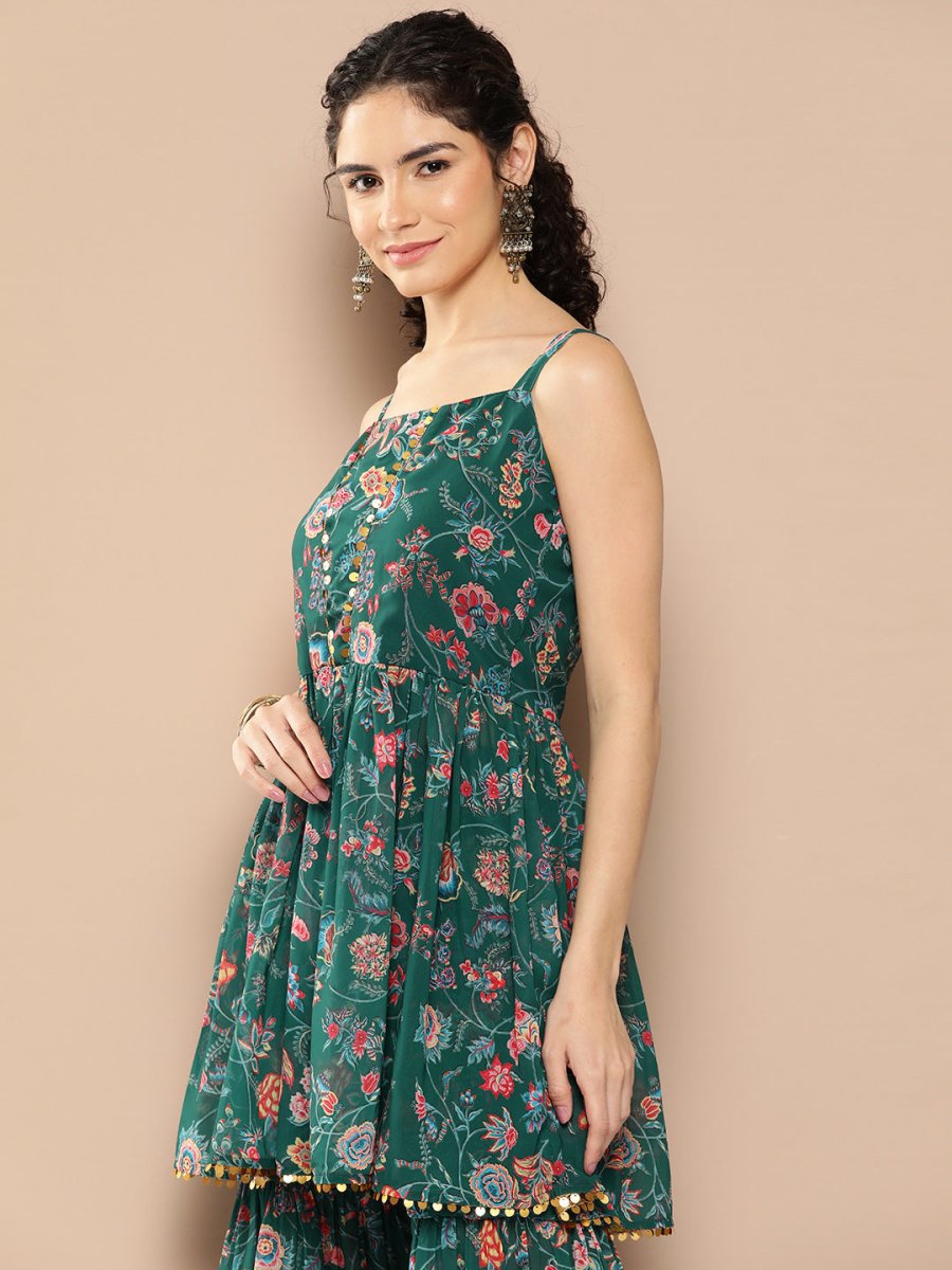 Ahalyaa Women Floral Printed Pleated Sequinned Top with Sharara | Swadesiicart