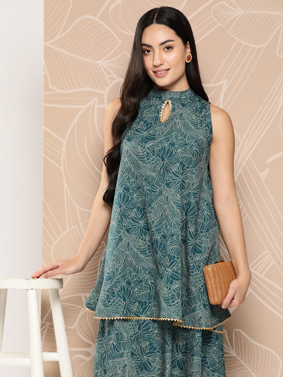 Ahalyaa Printed Crepe Ethnic Halter Neck Tunic With Skirt | Swadesiicart