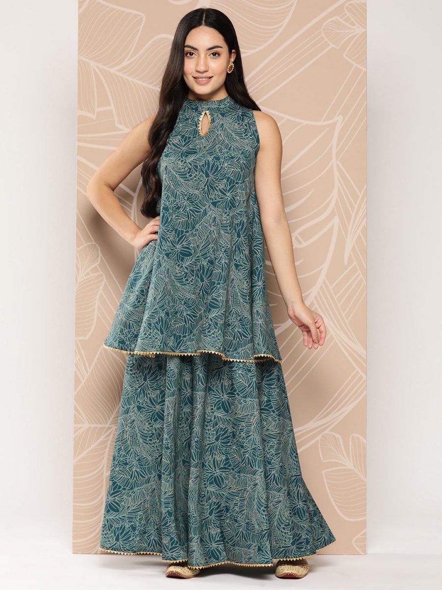 Ahalyaa Printed Crepe Ethnic Halter Neck Tunic With Skirt | Swadesiicart