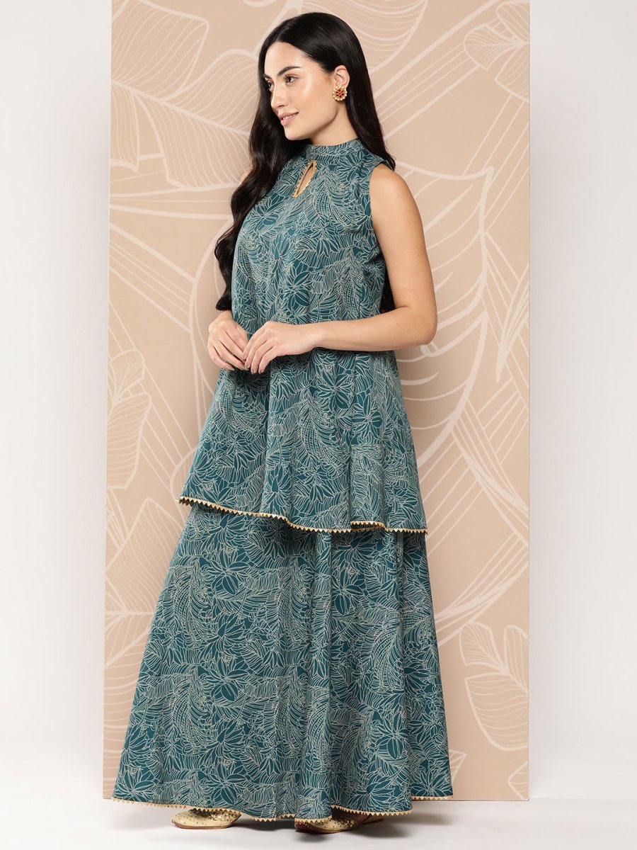 Ahalyaa Printed Crepe Ethnic Halter Neck Tunic With Skirt | Swadesiicart