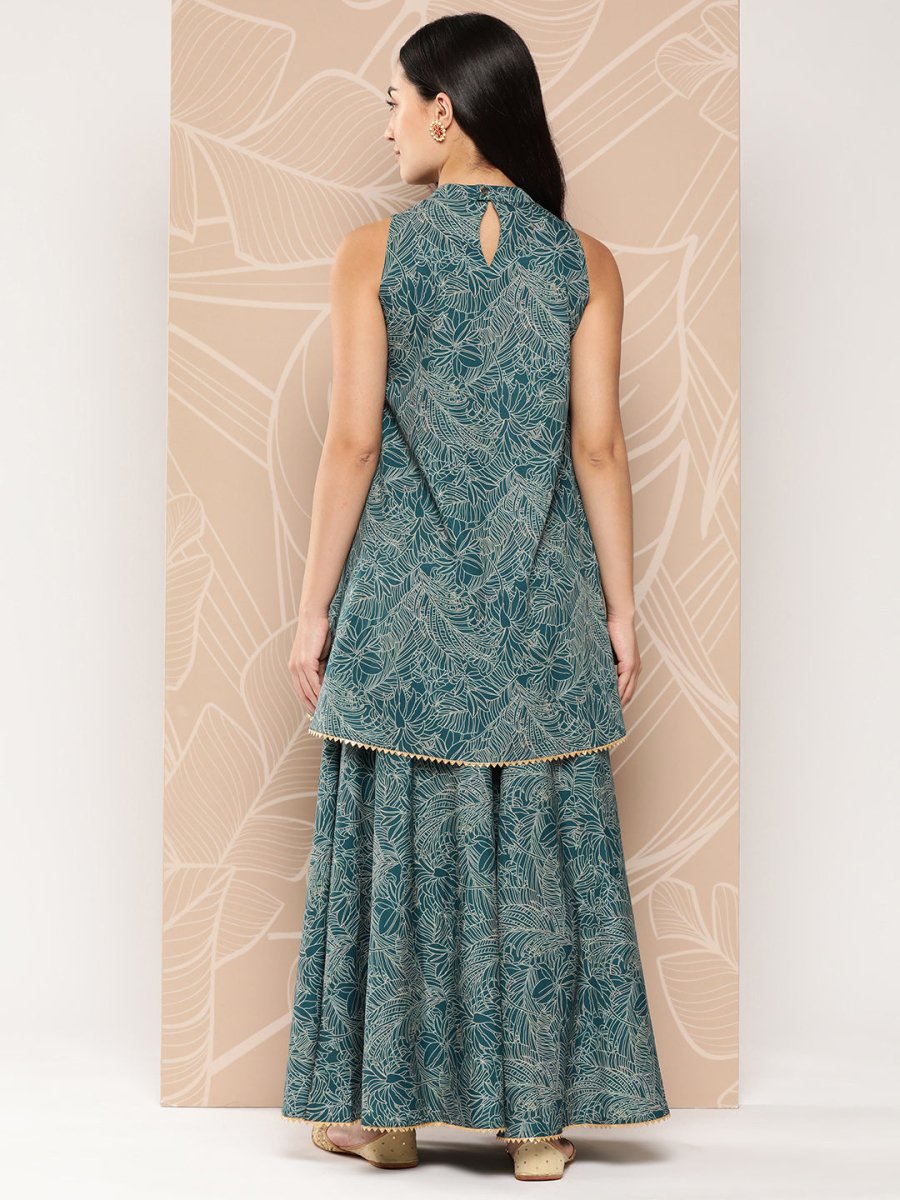 Ahalyaa Printed Crepe Ethnic Halter Neck Tunic With Skirt | Swadesiicart