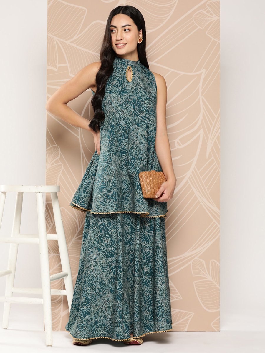 Ahalyaa Printed Crepe Ethnic Halter Neck Tunic With Skirt | Swadesiicart