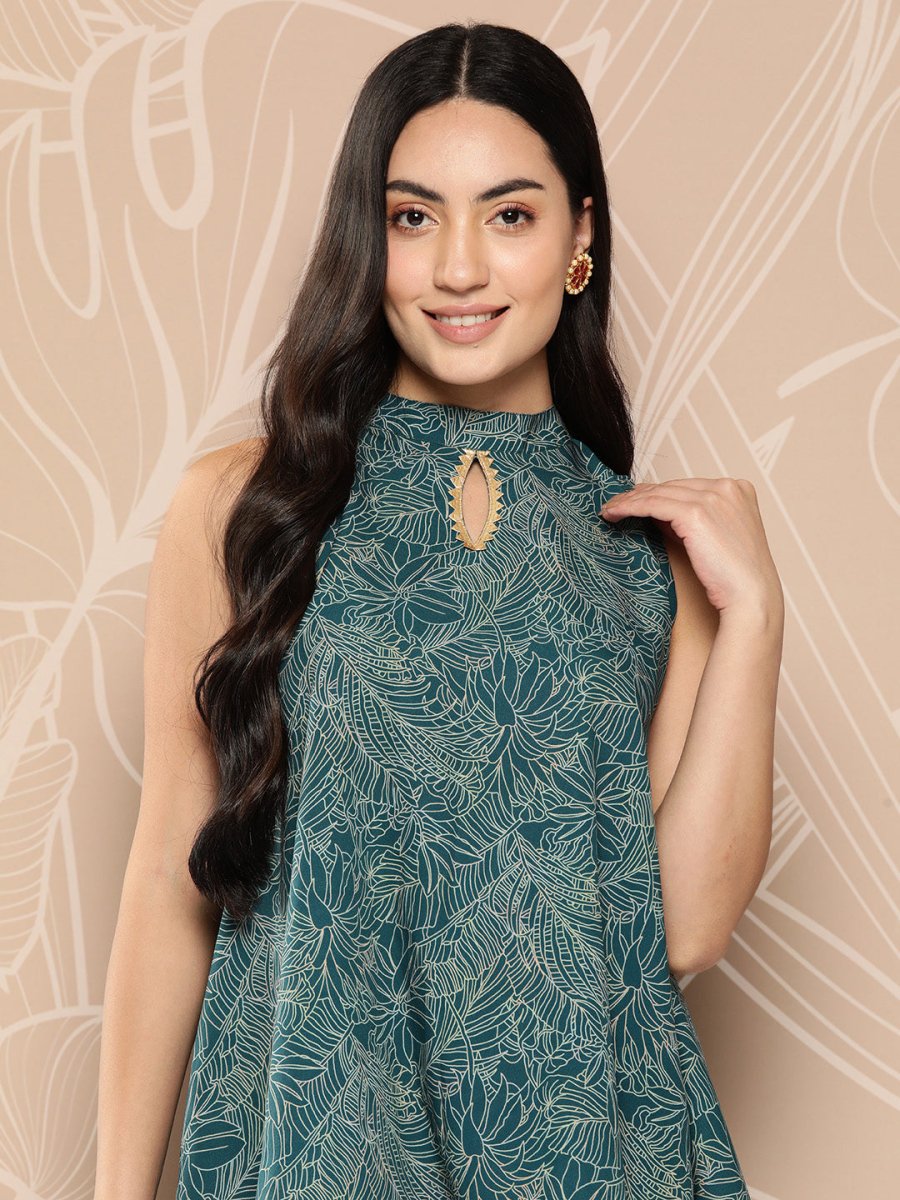 Ahalyaa Printed Crepe Ethnic Halter Neck Tunic With Skirt | Swadesiicart
