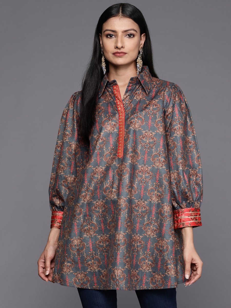 Ahalyaa Grey Shirt Collar Velvet Digital Printed Tunic | Swadesiicart