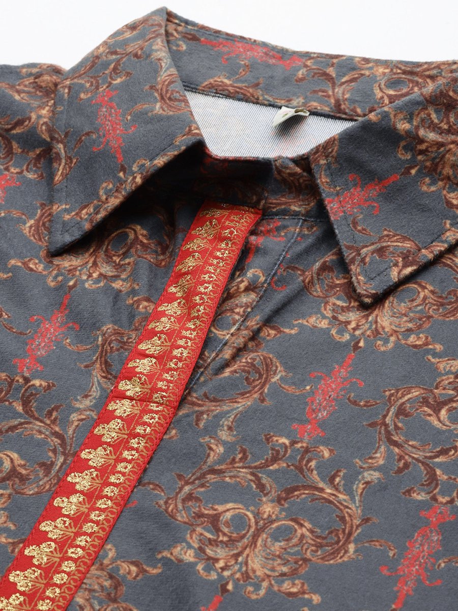 Ahalyaa Grey Shirt Collar Velvet Digital Printed Tunic | Swadesiicart