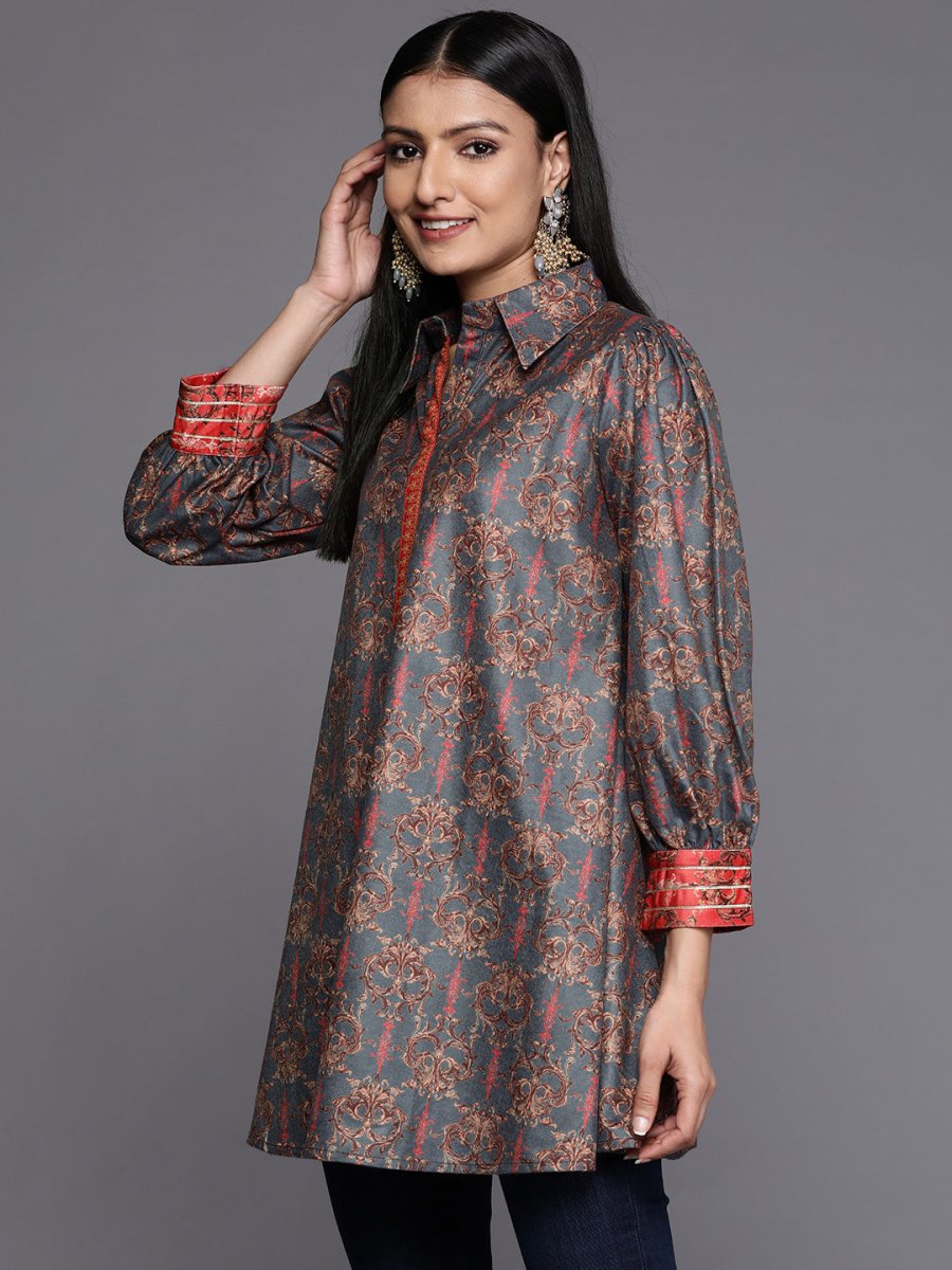 Ahalyaa Grey Shirt Collar Velvet Digital Printed Tunic | Swadesiicart