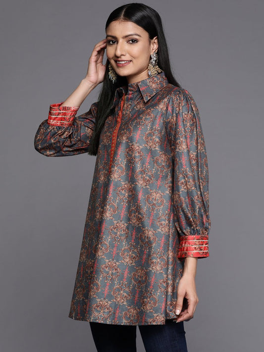 Ahalyaa Grey Shirt Collar Velvet Digital Printed Tunic | Swadesiicart
