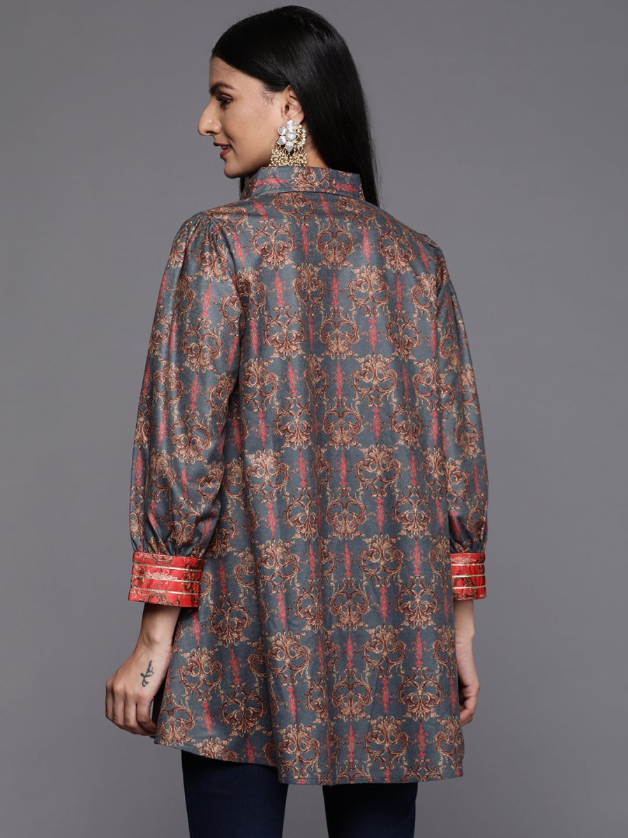 Ahalyaa Grey Shirt Collar Velvet Digital Printed Tunic | Swadesiicart