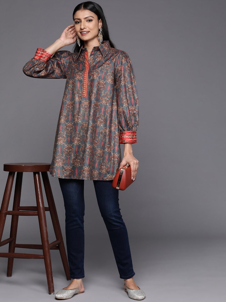 Ahalyaa Grey Shirt Collar Velvet Digital Printed Tunic | Swadesiicart