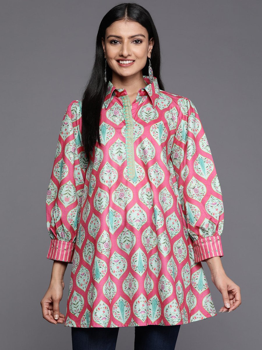 Ahalyaa Fuchsia Shirt Collar Velvet Digital Printed Tunic | Swadesiicart