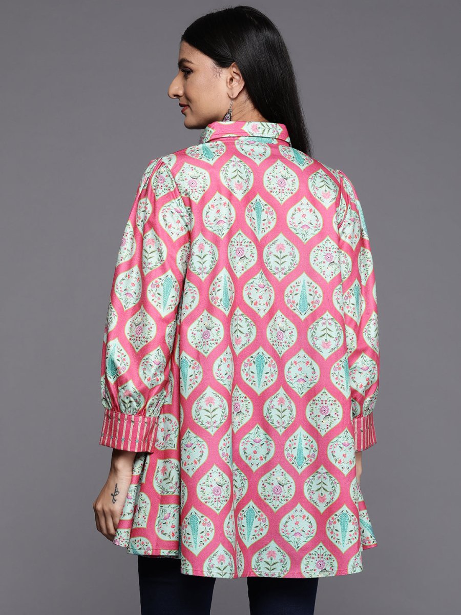 Ahalyaa Fuchsia Shirt Collar Velvet Digital Printed Tunic | Swadesiicart