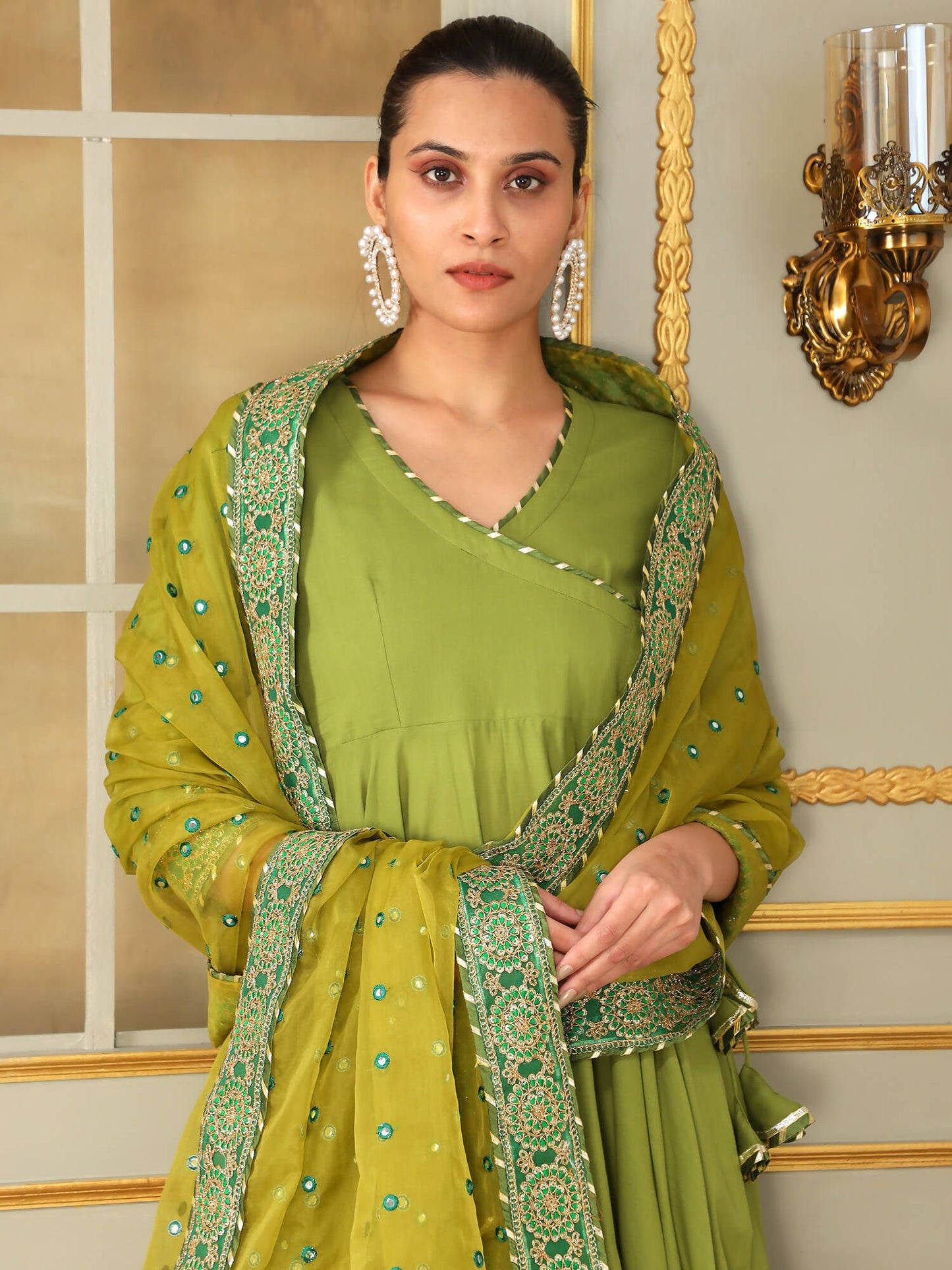 Pomcha Jaipur Green Saadgi Mehendi Green Mirror Work Angrakha Set | Swadesiicart
