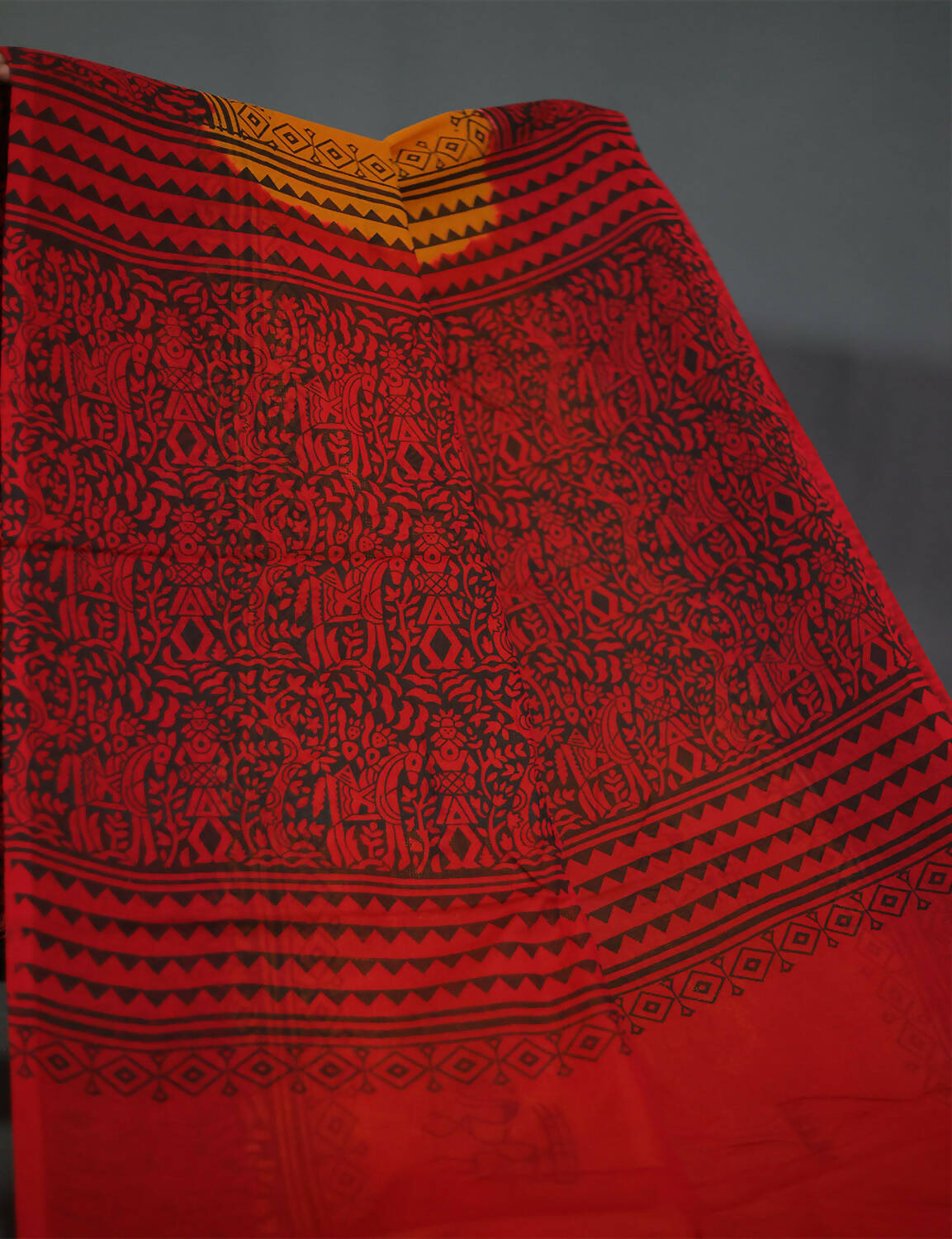 Shades Of Orange And Maroon Red Pure Munga Cotton Block Print Saree By Gayathri Reddy Designer Studio | Swadesiicart