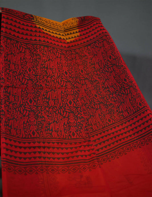 Shades Of Orange And Maroon Red Pure Munga Cotton Block Print Saree By Gayathri Reddy Designer Studio | Swadesiicart