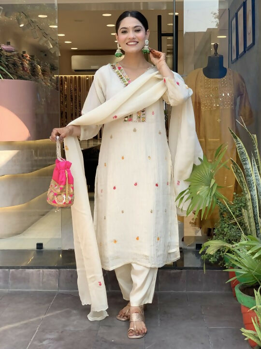 The52 Off White Women's Gorgeous Chinon Fabric Embroidered Work Straight Kurta Pant and Dupatta Set - Swadesiicart