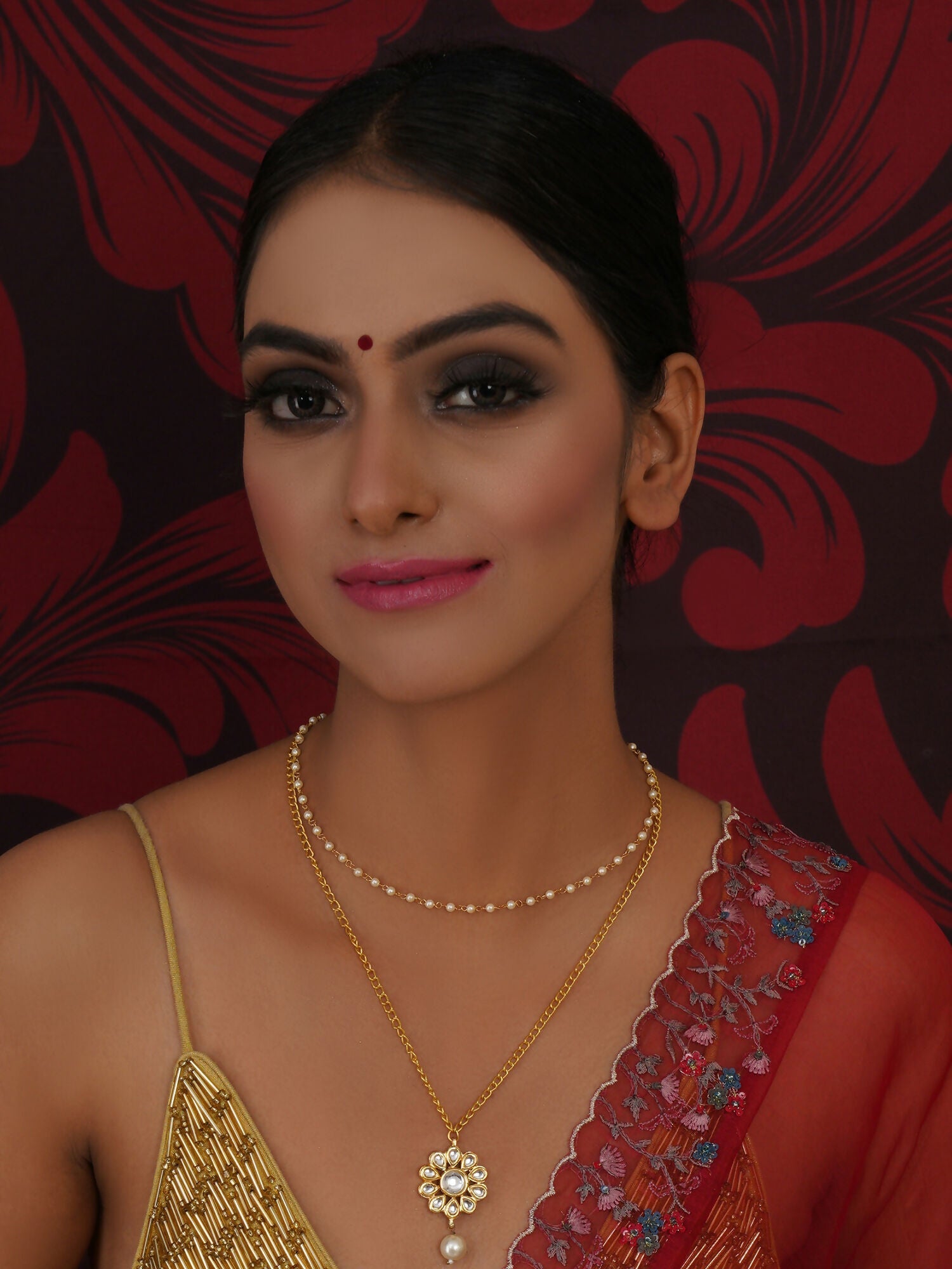 Layered Kundan and Pearl Gold Neckpiece (gold) - Ruby Raang | Swadesiicart