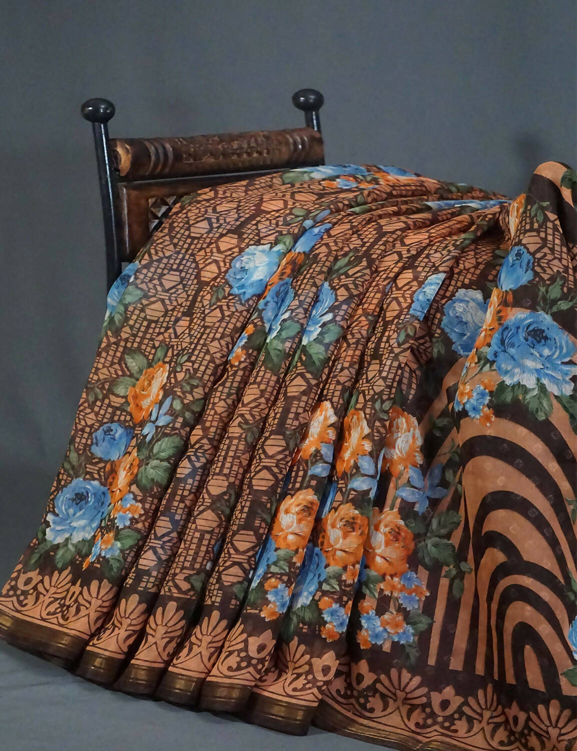 Shades Of Dark Coffee Brown With Floral Design Semi Chanderi Saree By Gayathri Reddy Designer Studio | Swadesiicart