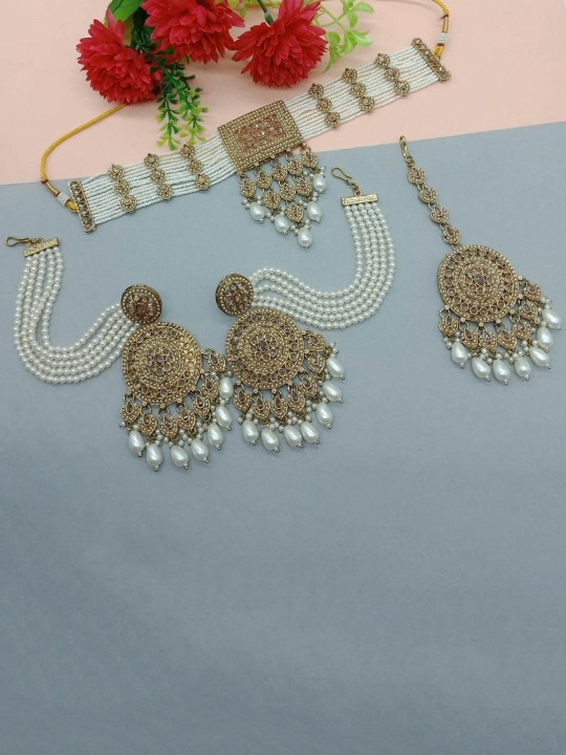 Jewel City Traditional Ethnic Antique Gold-Plated Pearl Bridal Choker Set with Earrings, Maang Tikka | Swadesiicart