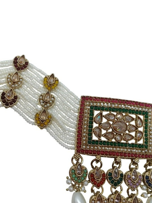 Jewel City Traditional Ethnic Antique Gold-Plated Pearl Bridal Choker Set with Earrings, Maang Tikka | Swadesiicart