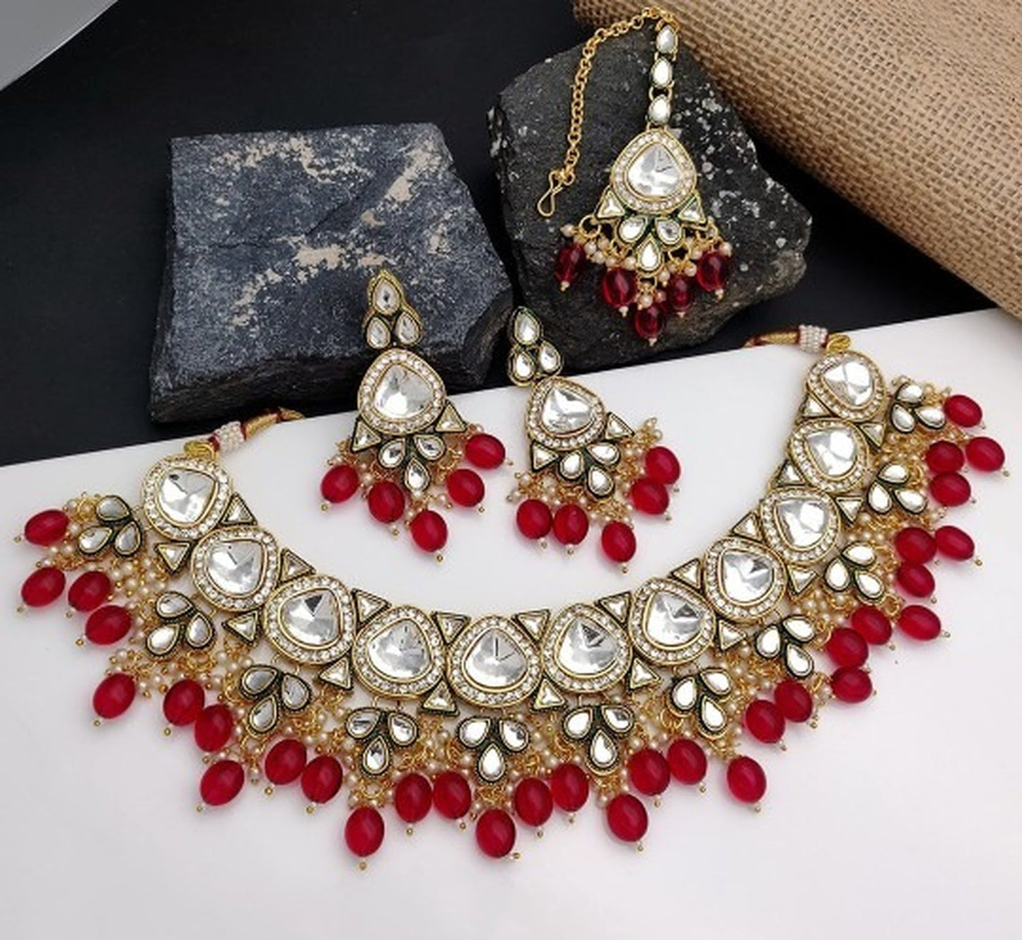 Jewel City Gold-Plated Kundan Choker Necklace Set with Beads & Maang Tikka | Traditional Indian Bridal Jewelry | Swadesiicart