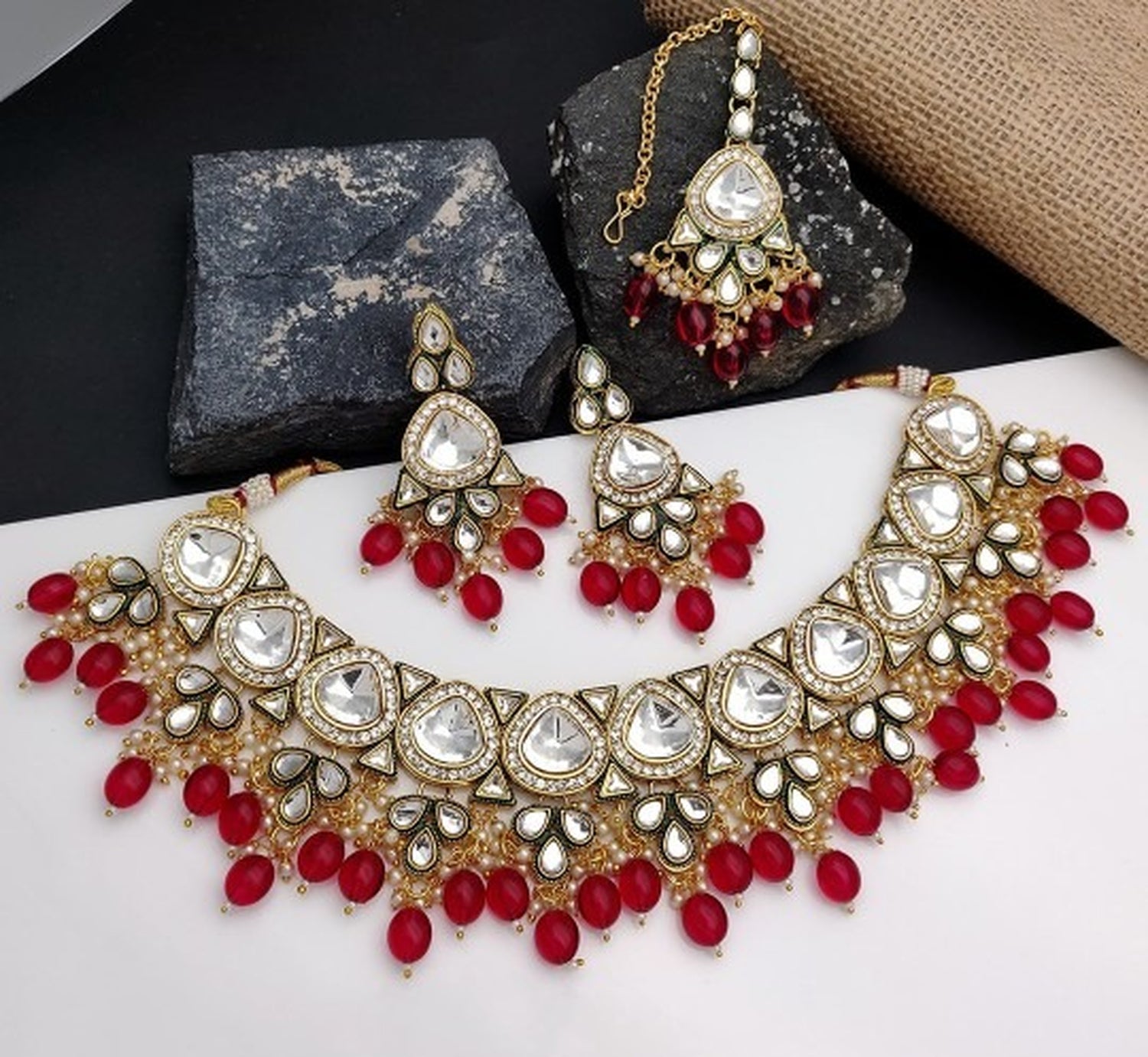 Jewel City Gold-Plated Kundan Choker Necklace Set with Beads & Maang Tikka | Traditional Indian Bridal Jewelry | Swadesiicart