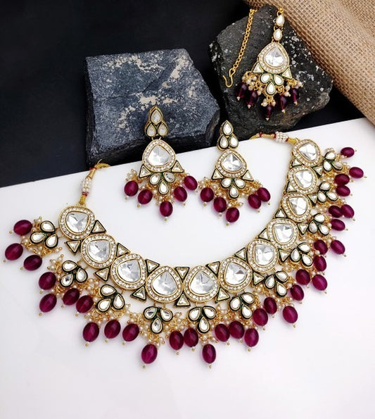 Jewel City Gold-Plated Kundan Choker Necklace Set with Beads & Maang Tikka | Traditional Indian Bridal Jewelry | Swadesiicart