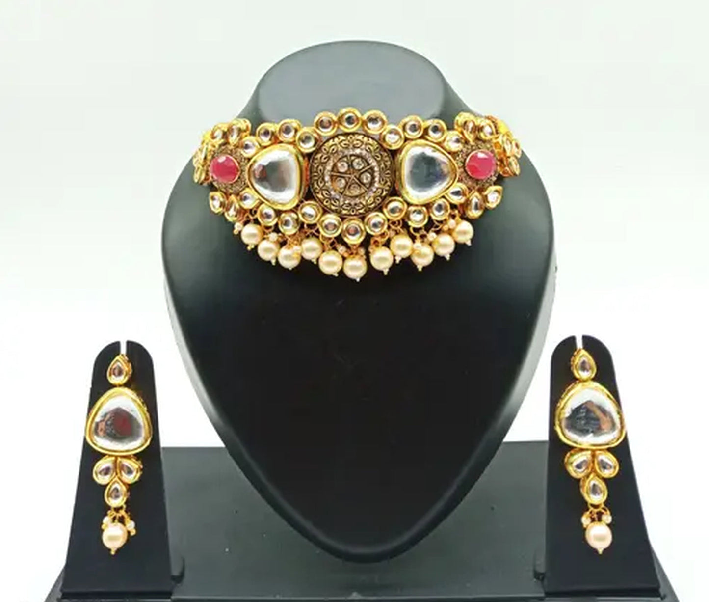 Jewel City Antique Kundan Choker Set with Pearl Drops - Gold-Plated Traditional Bridal Jewelry | Swadesiicart