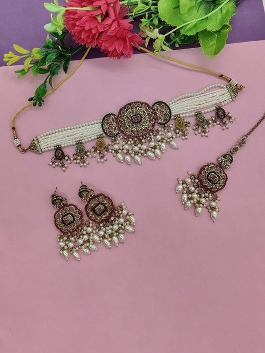 Jewel City Gold-Plated Choker Necklace Set with Earrings & Maang Tikka – Ethnic Bridal Jewelry for Weddings, Festivals & Parties | Swadesiicart