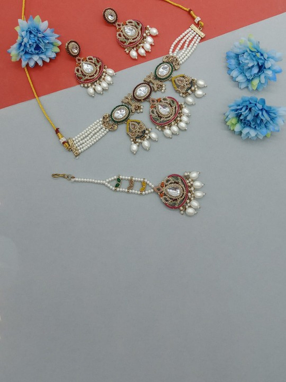 Jewel City Regal Pearl Kundan Choker Jewelry Set with Maang Tikka - Traditional Indian Wedding & Festival Collection | Swadesiicart