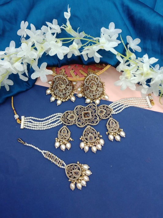 Jewel City Elegant Champagne Pearl Choker Jewelry Set with Tikka - Antique Finish Bridal Collection | Swadesiicart