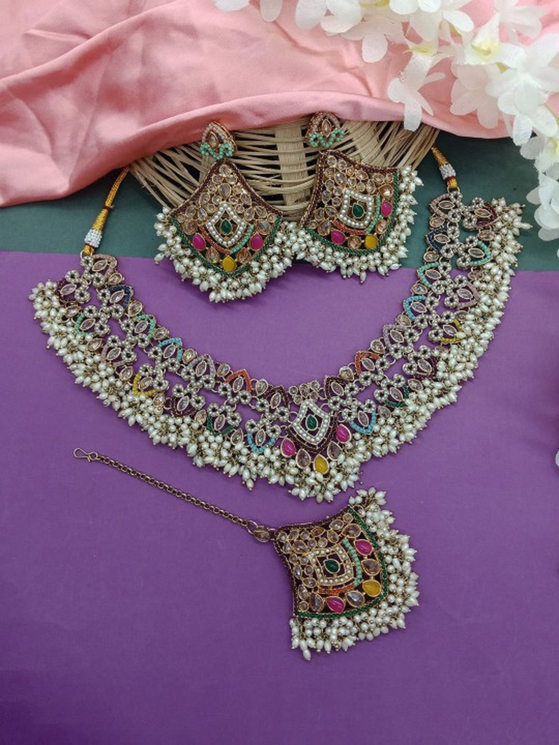 Jewel City Exquisite Multi Color Kundan Pearl Choker Necklace Set - Traditional Indian Wedding Jewelry Collection | Swadesiicart