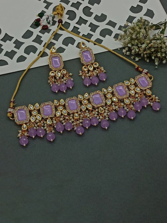 Jewel City Lavender Kundan Choker Necklace Set | Royal Purple Stone Gold-Plated Jewelry | Swadesiicart