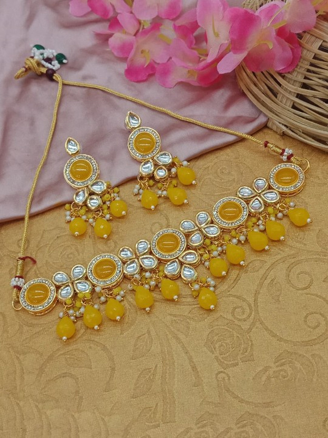 Jewel City Gold-Plated Handcrafted Kundan Yellow Bead Ethnic Jewelry Set – Traditional Necklace & Earrings for Party & Festival Wear | Swadesiicart