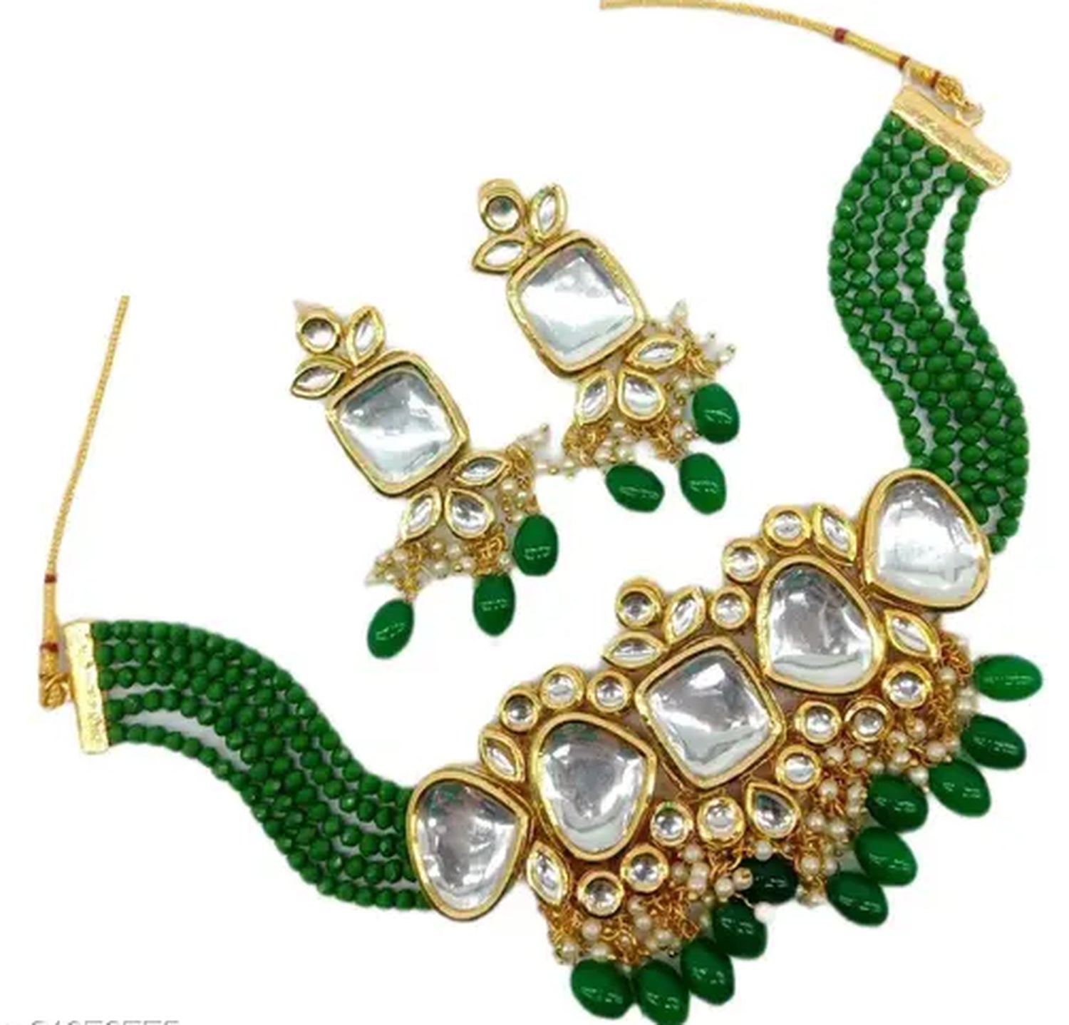Jewel City Exquisite Kundan Choker Necklace Set with Green Beads - Traditional Indian Wedding Jewelry | Swadesiicart