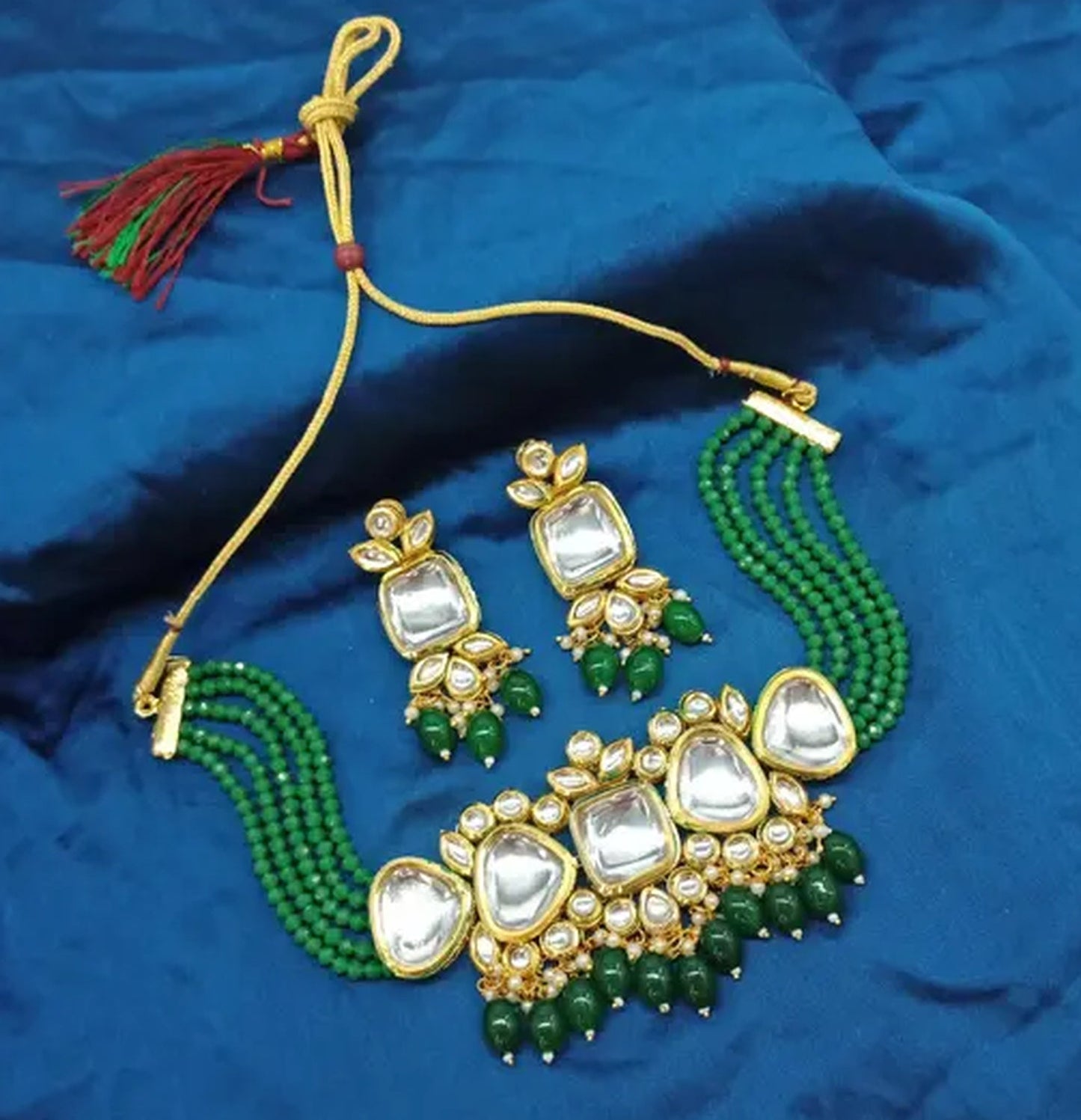 Jewel City Exquisite Kundan Choker Necklace Set with Green Beads - Traditional Indian Wedding Jewelry | Swadesiicart