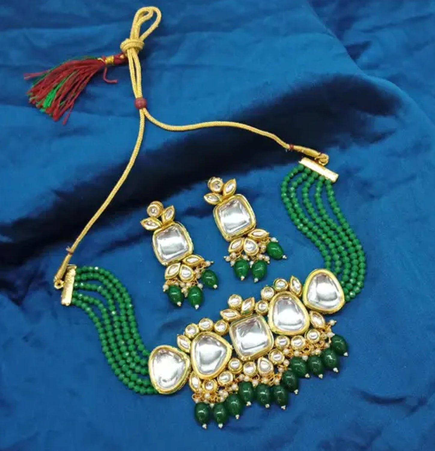 Jewel City Exquisite Kundan Choker Necklace Set with Green Beads - Traditional Indian Wedding Jewelry | Swadesiicart