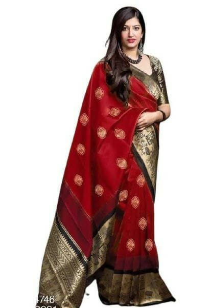 DEIANA'S Beautiful Designer Golden zari Soft Lichi Silk Saree - Red - Swadesiicart