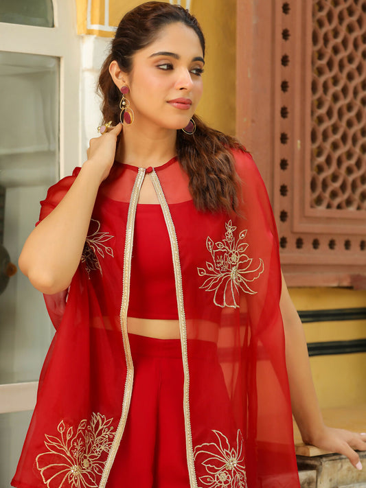 Janasya Maroon Georgette Solid Top Bottom Cape | Swadesiicart