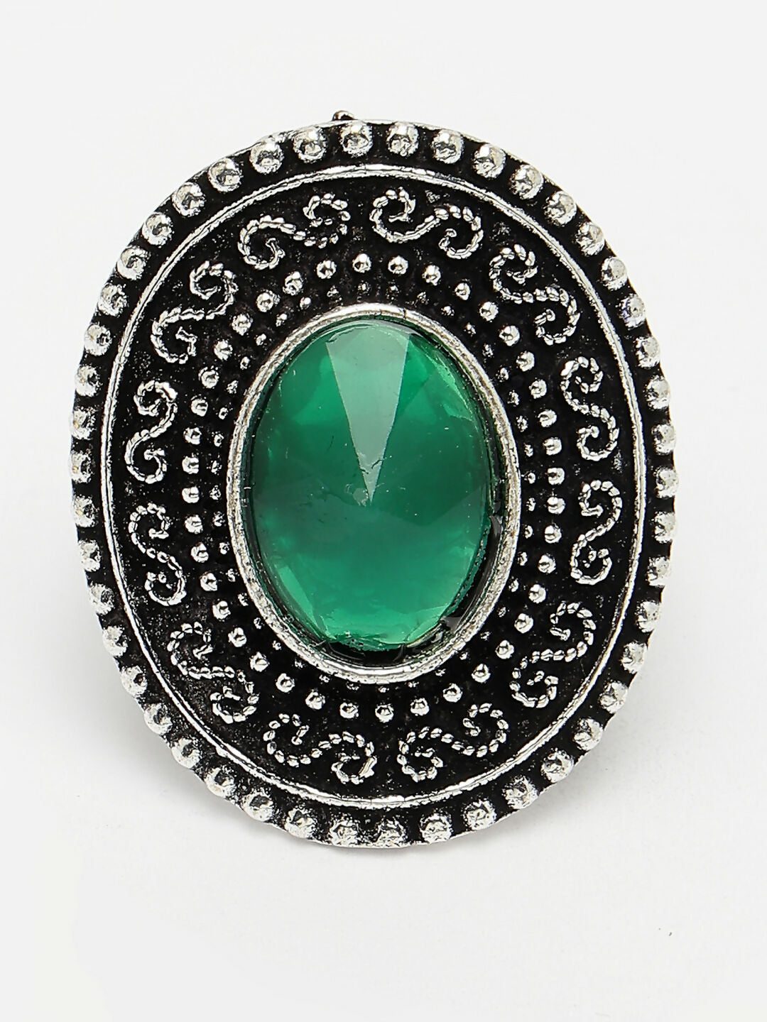 NVR Women's Green Silver-Toned German Silver Adjustable Finger Ring | Swadesiicart