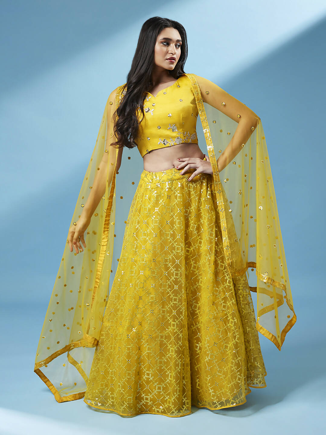 House of Panchhi Mustard Net Sequinse Work Lehenga & Blouse, Dupatta | Swadesiicart